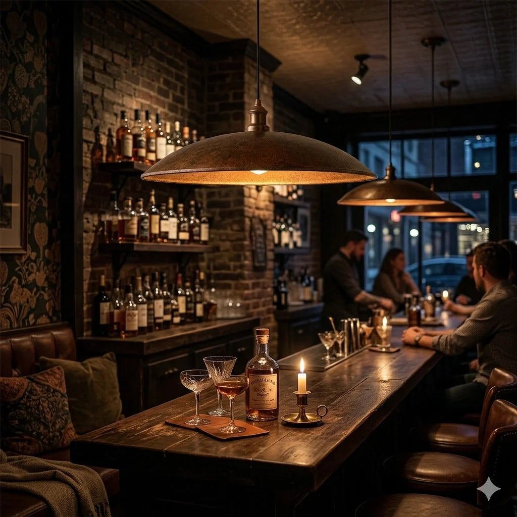 soy bar with copper pendants lamp and clients drinking wine