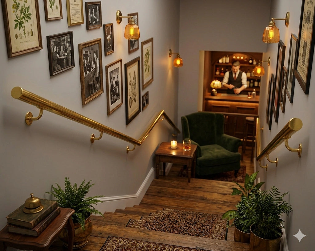 Bar staircase with a polished brass handrail, combining safety and elegance while adding a refined, stylish accent to the interior.