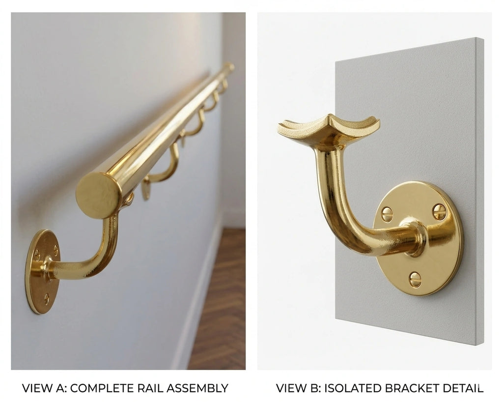 Solid Brass Handrail with Brackets, Railing for Stairs