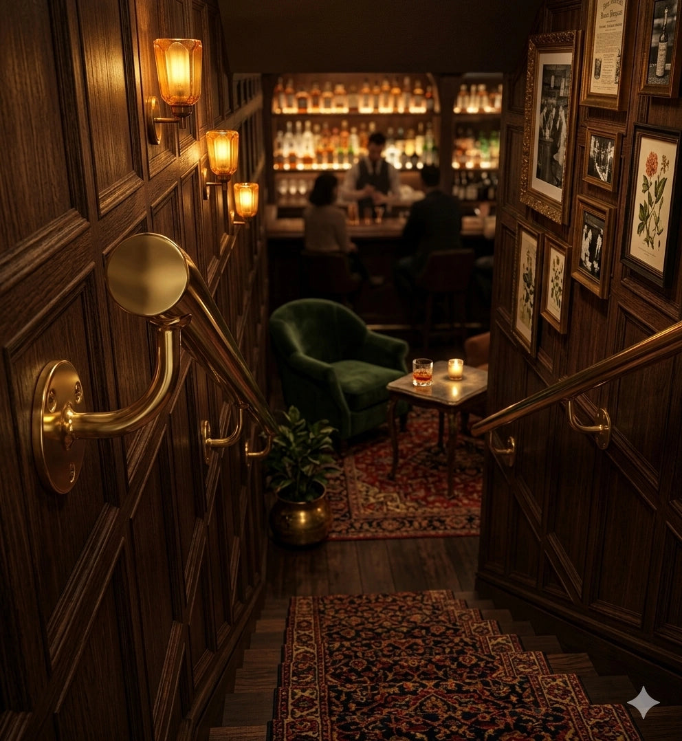 Bar staircase with a polished brass handrail, combining safety and elegance while adding a refined, stylish accent to the interior.