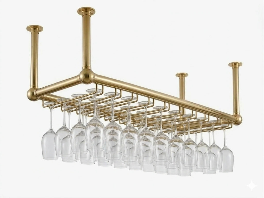 Overhead glass and bottles rack with a polished brass finish, designed to securely hold hanging glassware and bottles above a bar, maximizing storage while adding a stylish, organized display.