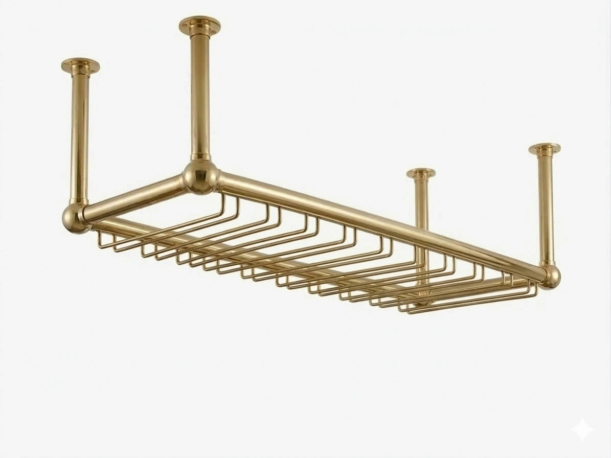 Overhead glass and bottles rack with a polished brass finish, designed to securely hold hanging glassware and bottles above a bar, maximizing storage while adding a stylish, organized display.
