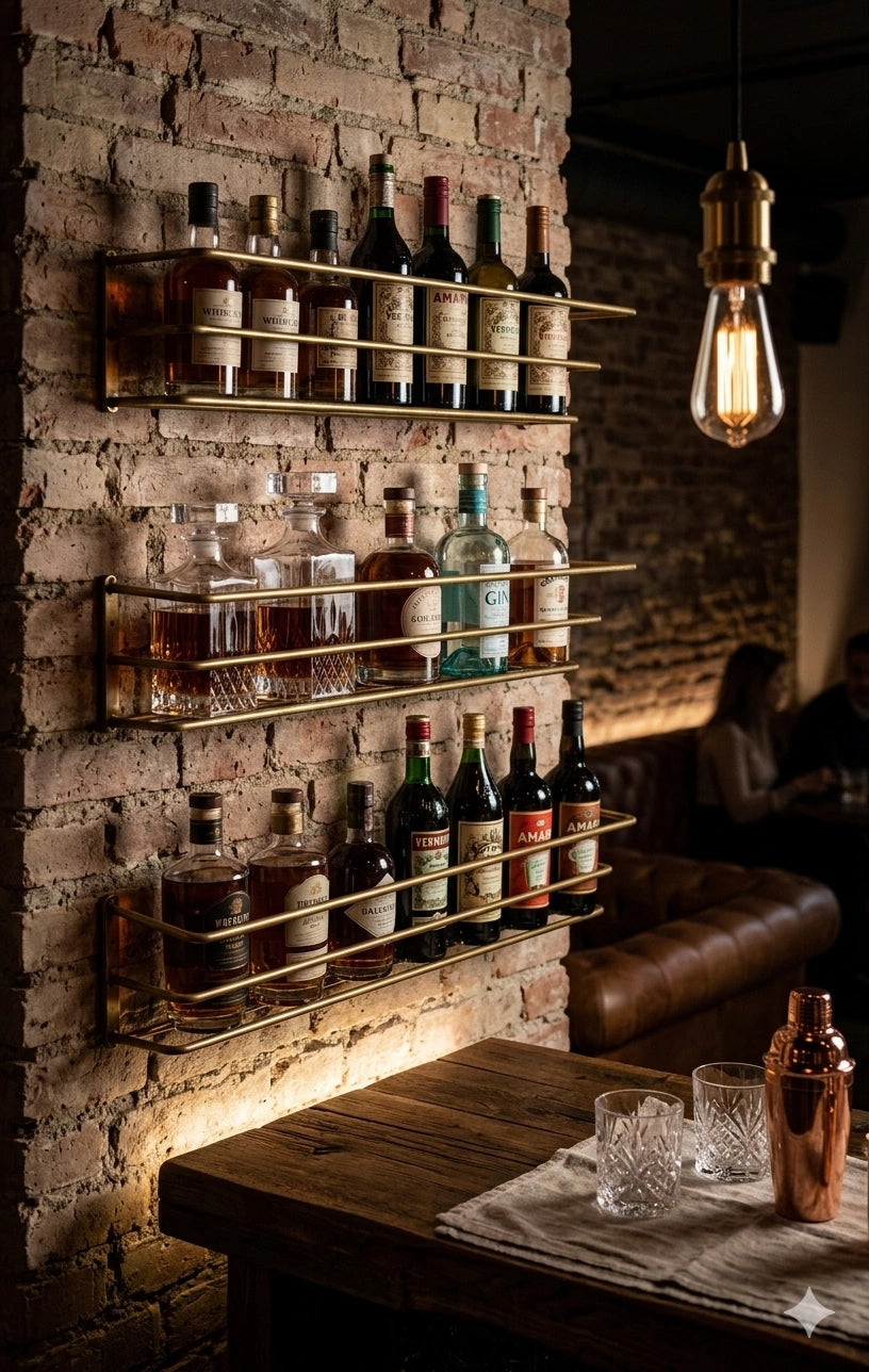 Wall-mounted brass bottle holder with a polished finish, designed to securely store and display bottles while adding a sleek, space-saving touch to the bar or kitchen wall.