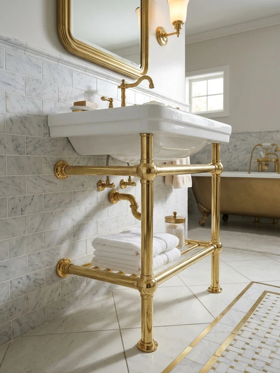 Brass Sink Console, Vintage Solid Brass Bathroom Vanity base,  Parisian Style