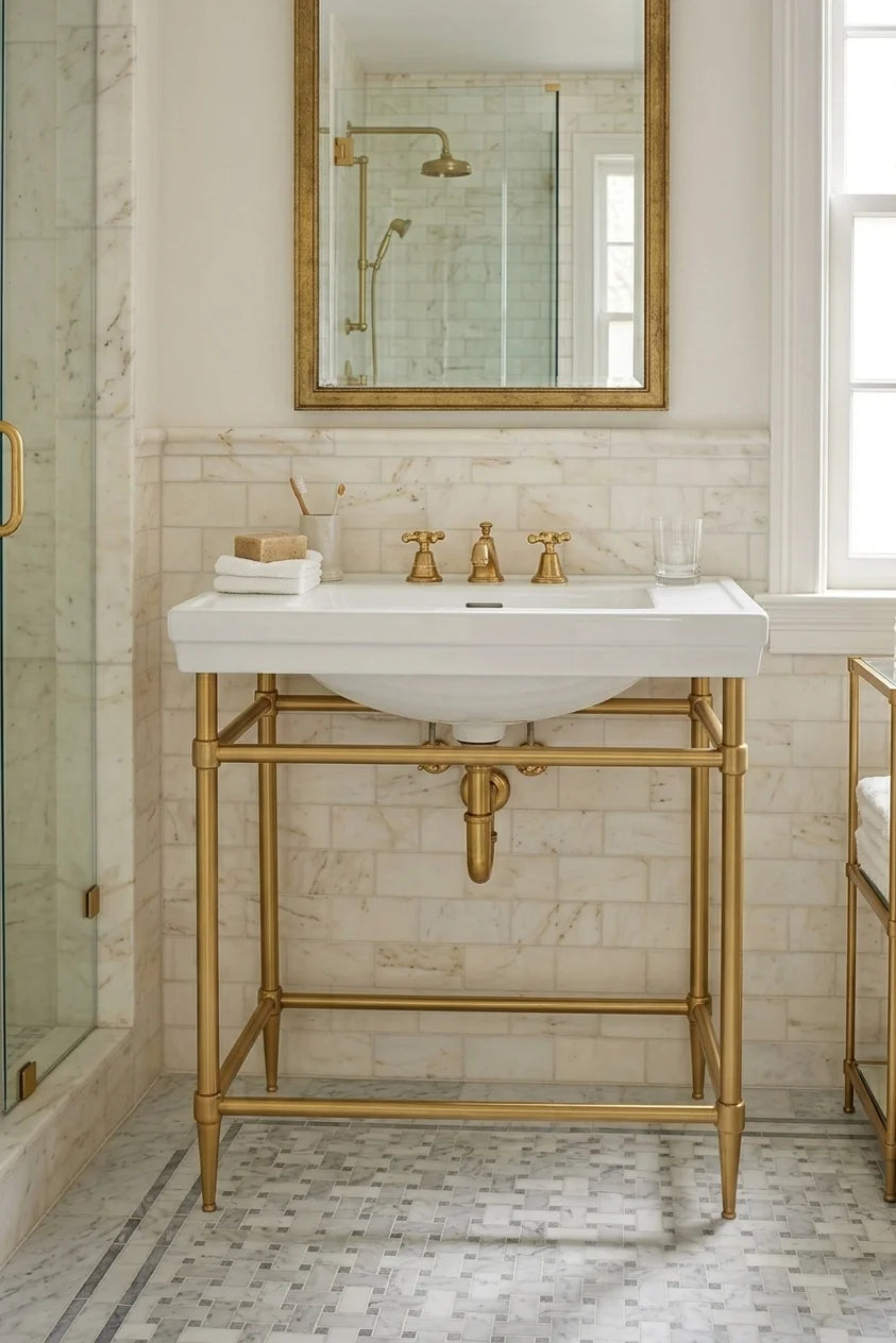 A white ceramic pedestal sink with a gold metal stand, set against a cream brick backsplash in a bright bathroom. A large gold-framed mirror hangs above, and a glass shower door is visible on the left.