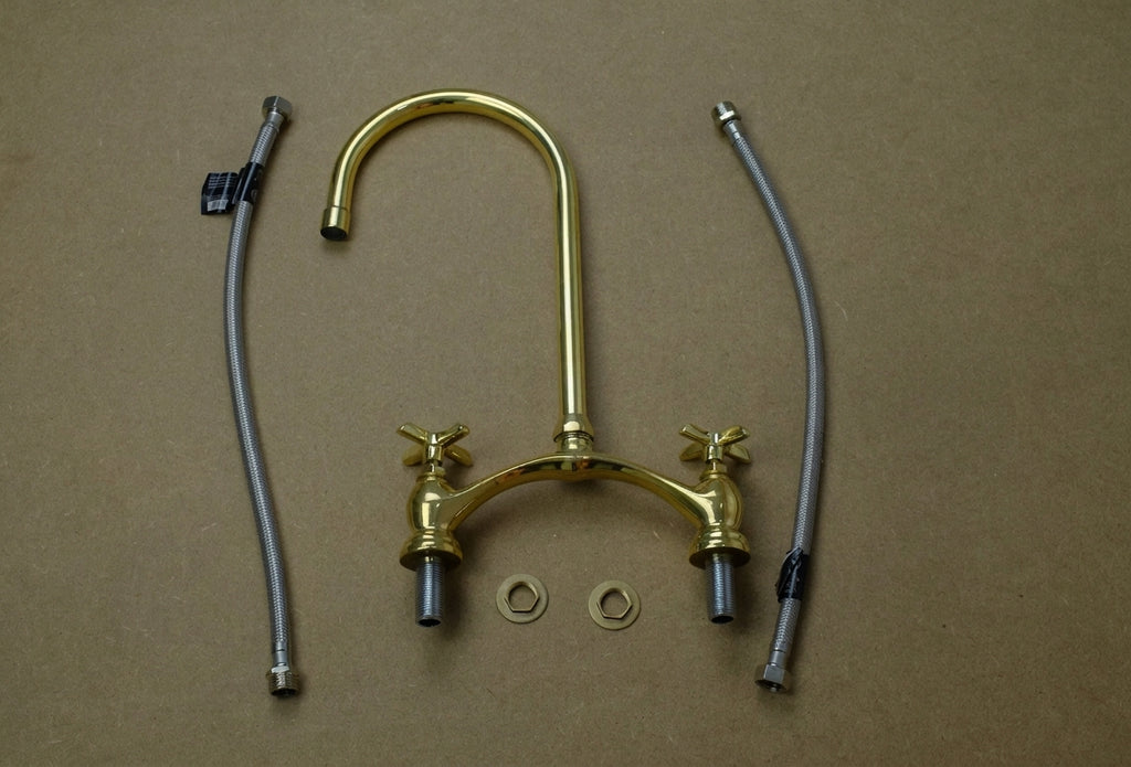 Unlacquered Brass Arched V Kitchen Bridge Faucet with Sprayer
