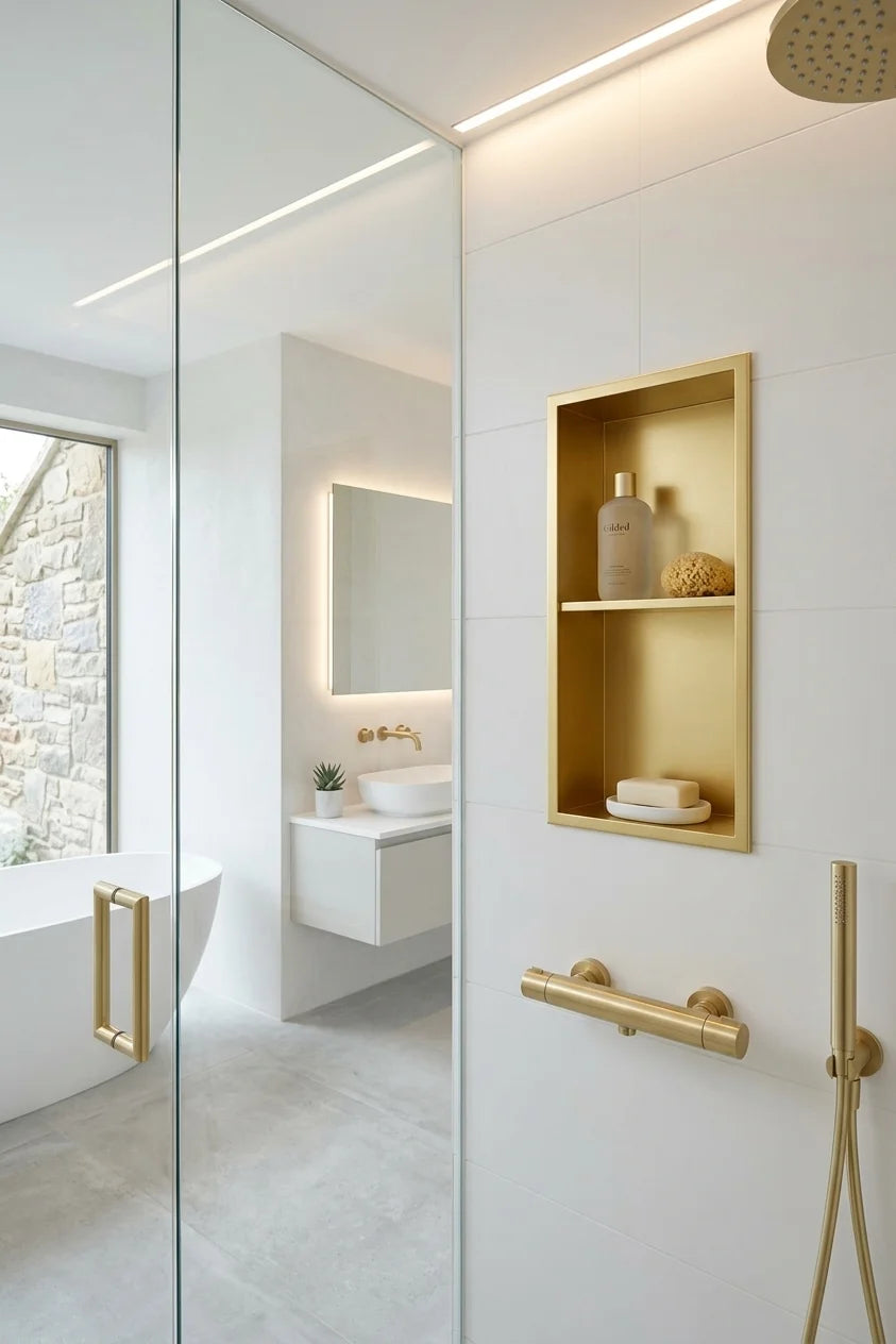 Modern bathroom interior with a gold-framed recessed shelf, gold towel bar, and gold shower fixture against white tiled walls and glass enclosure.