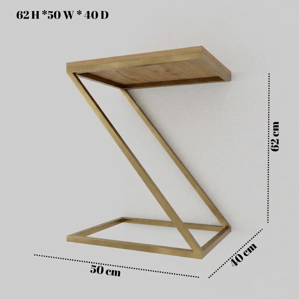 A Z-shaped wall shelf with a light wood top and a gold metal frame, shown with dimension labels indicating 62 cm height, 50 cm width, and 40 cm depth on a light gray background.