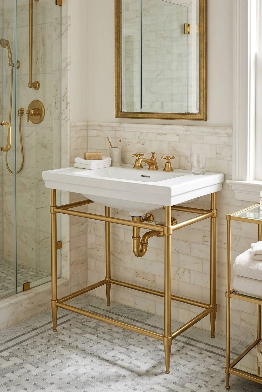 A white ceramic bathroom sink with a polished gold metal pedestal stand, set in a classic bathroom with marble tile, a gold-framed mirror, and a glass shower enclosure.
