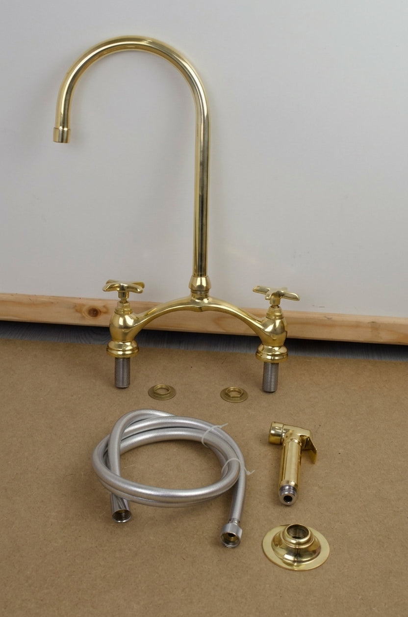 Unlacquered Brass Arched V Kitchen Bridge Faucet with Sprayer