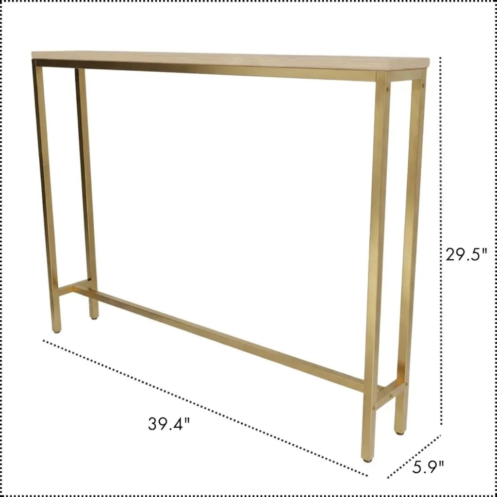 Gold console table with dimension markings showing 39.4 inches length, 29.