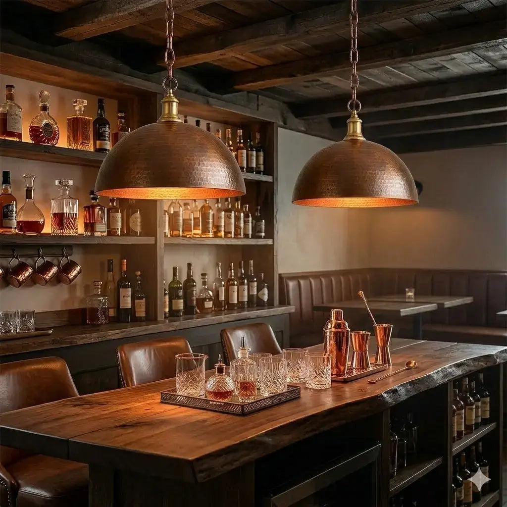 Set of two copper pendant lights hanging from the bar ceiling, featuring a warm metallic finish that casts a soft glow and enhances the ambiance of the bar setting.