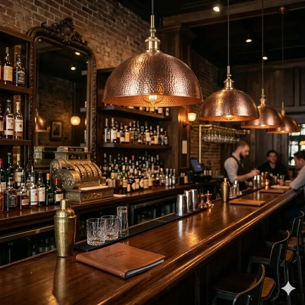 Set of two copper pendant lights hanging from the bar ceiling, featuring a warm metallic finish that casts a soft glow and enhances the ambiance of the bar setting.