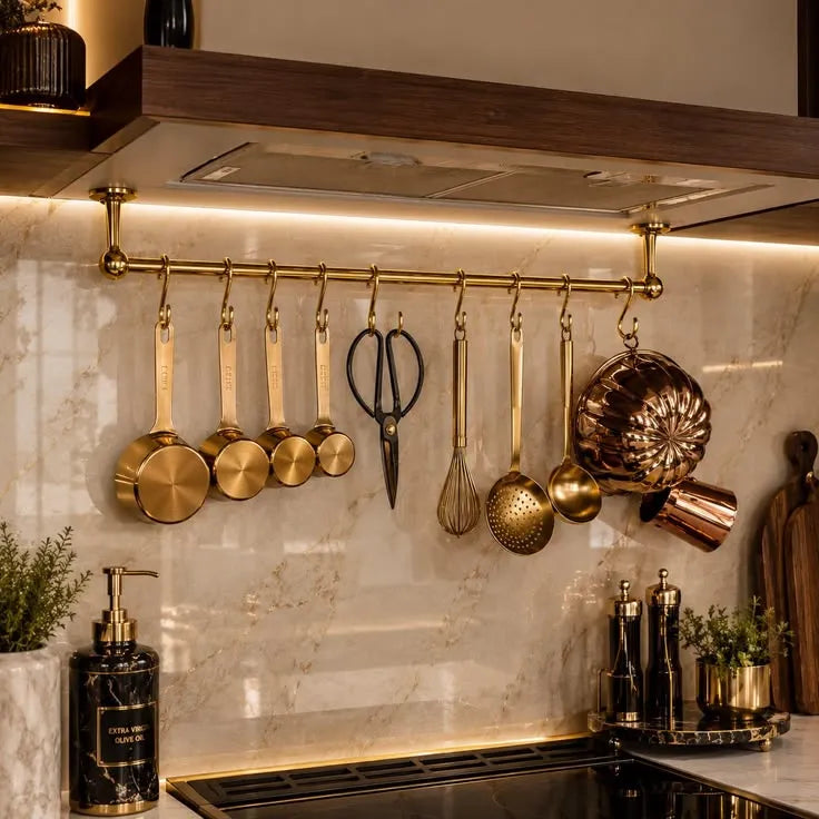 Ceiling Mounted Brass Rod with S-Hooks – Rustic Heavy Duty Hanging Bar and Pot Rack