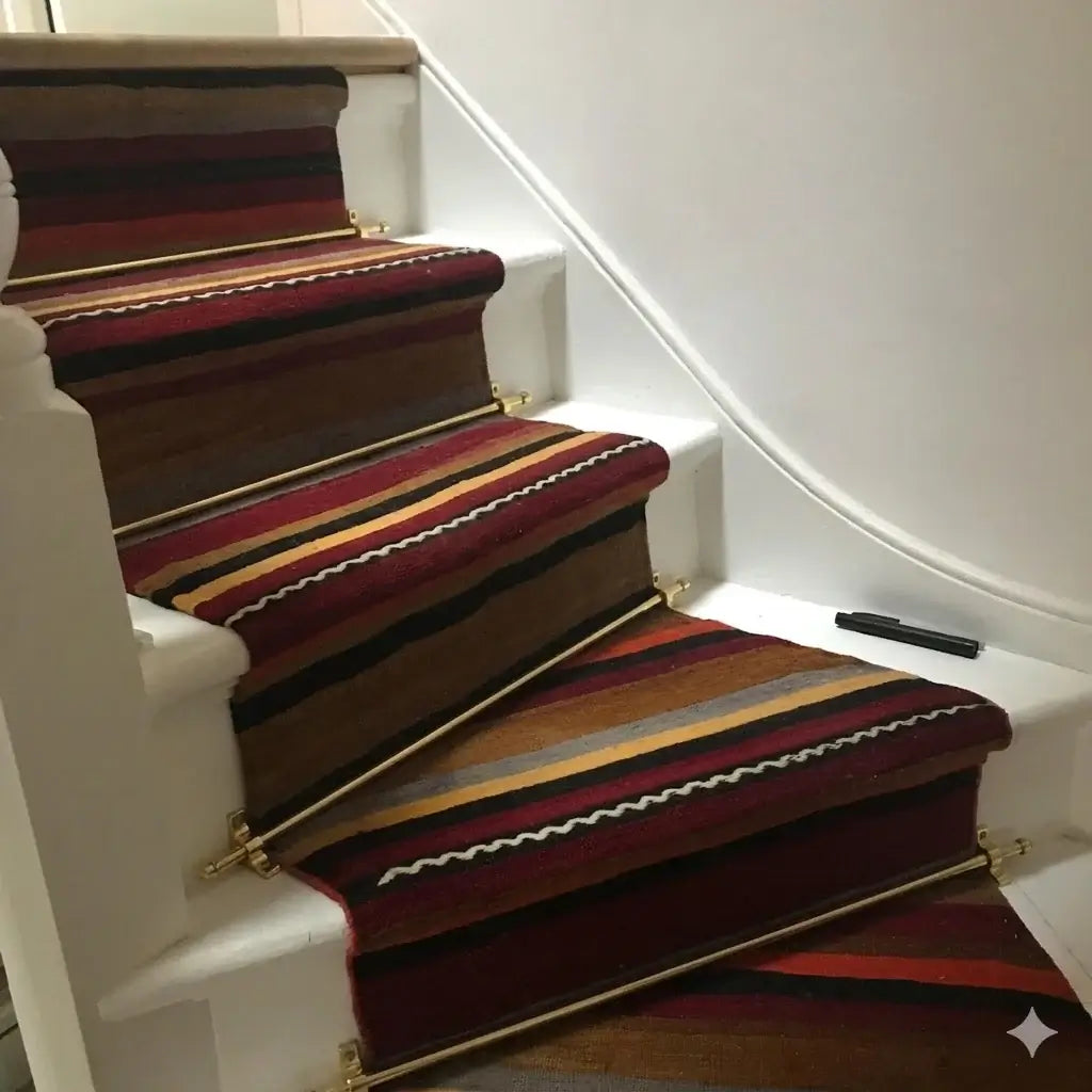 Stair rods and rug holder on a colorful runner  designed to securely hold stair runners in place while adding a decorative and elegant touch to the staircase.