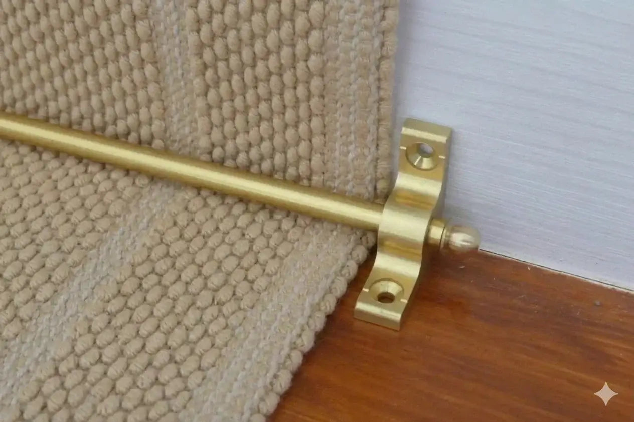 Stair rod ona beige rug and rug holder with a polished finish, designed to securely hold stair runners in place while adding a decorative and elegant touch to the staircase.