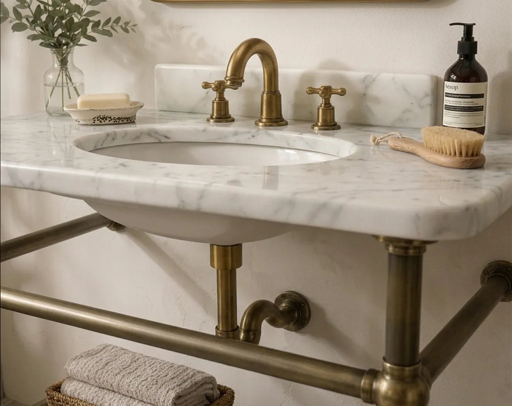 Aged Solid Brass Sink and Washstand Base – Bronze Finish Brass Vanity Console