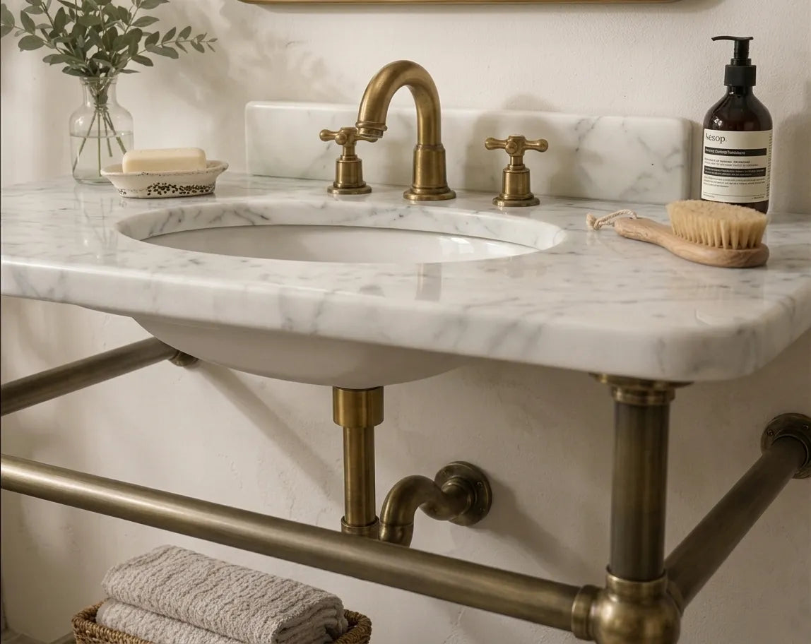 Aged Solid Brass Sink and Washstand Base – Bronze Finish Brass Vanity Console