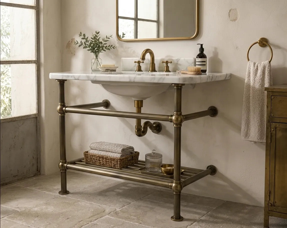 Aged Solid Brass Sink and Washstand Base – Bronze Finish Brass Vanity Console