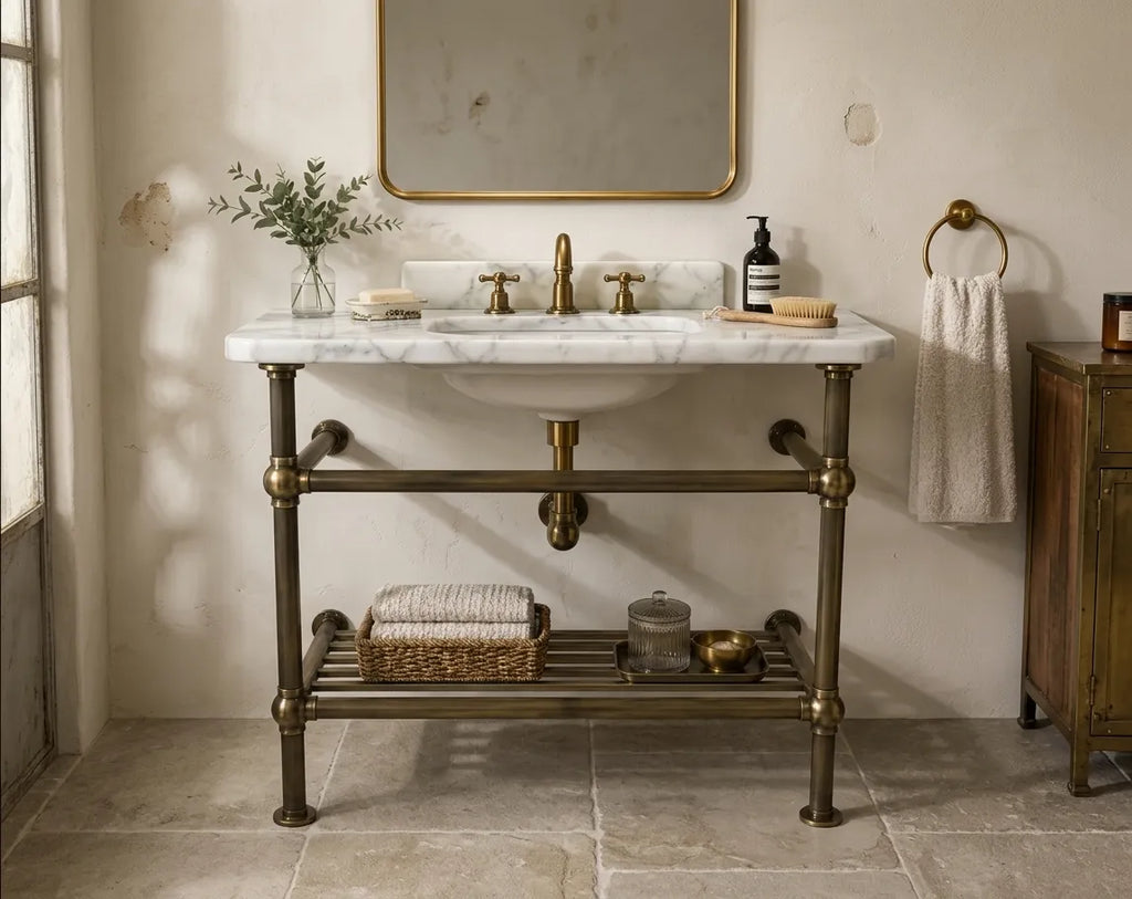 Aged Solid Brass Sink and Washstand Base – Bronze Finish Brass Vanity Console