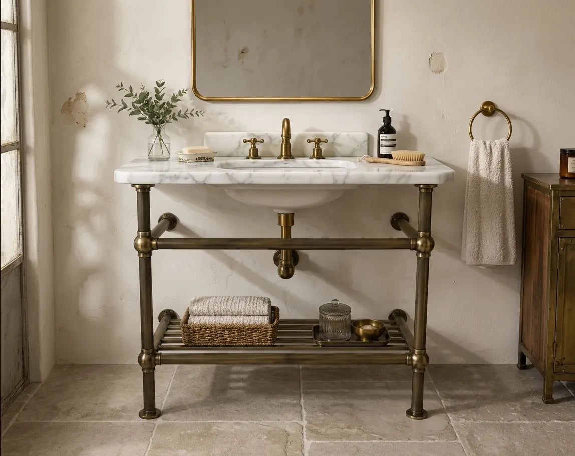Aged Solid Brass Sink and Washstand Base – Bronze Finish Brass Vanity Console