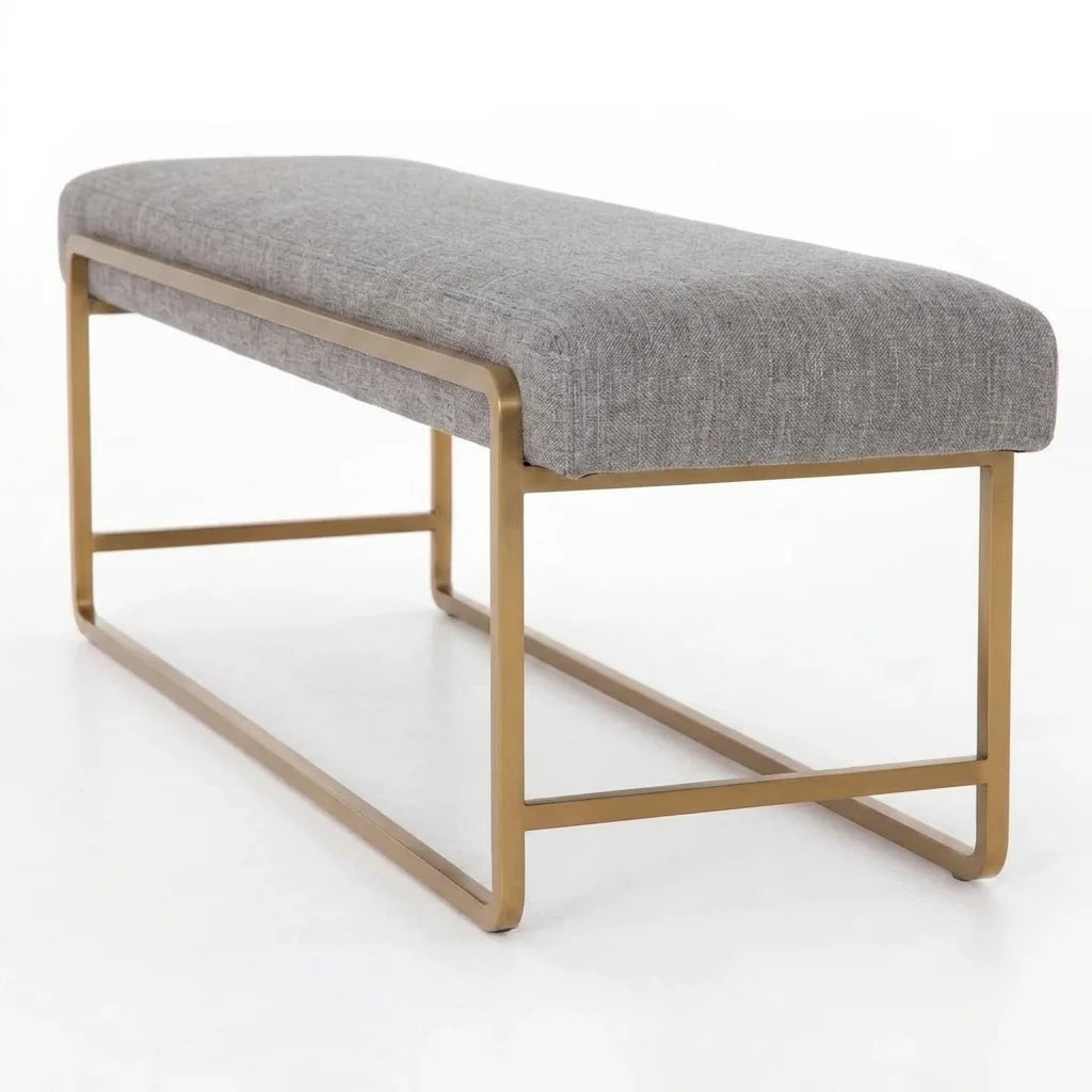 Solid brass bed end bench frame with grey upholestry