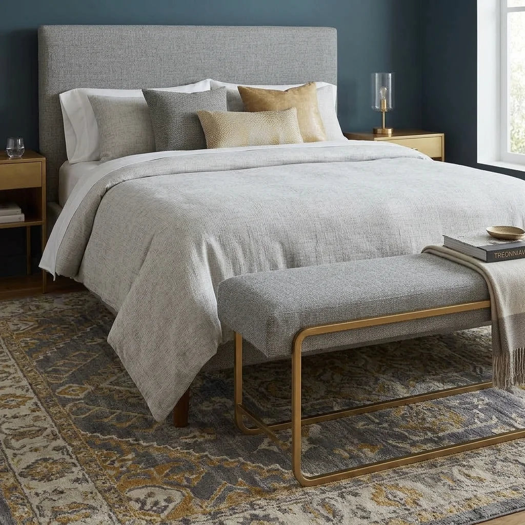 Solid brass bed end bench frame with grey upholestry in a bedroom next to the bed 