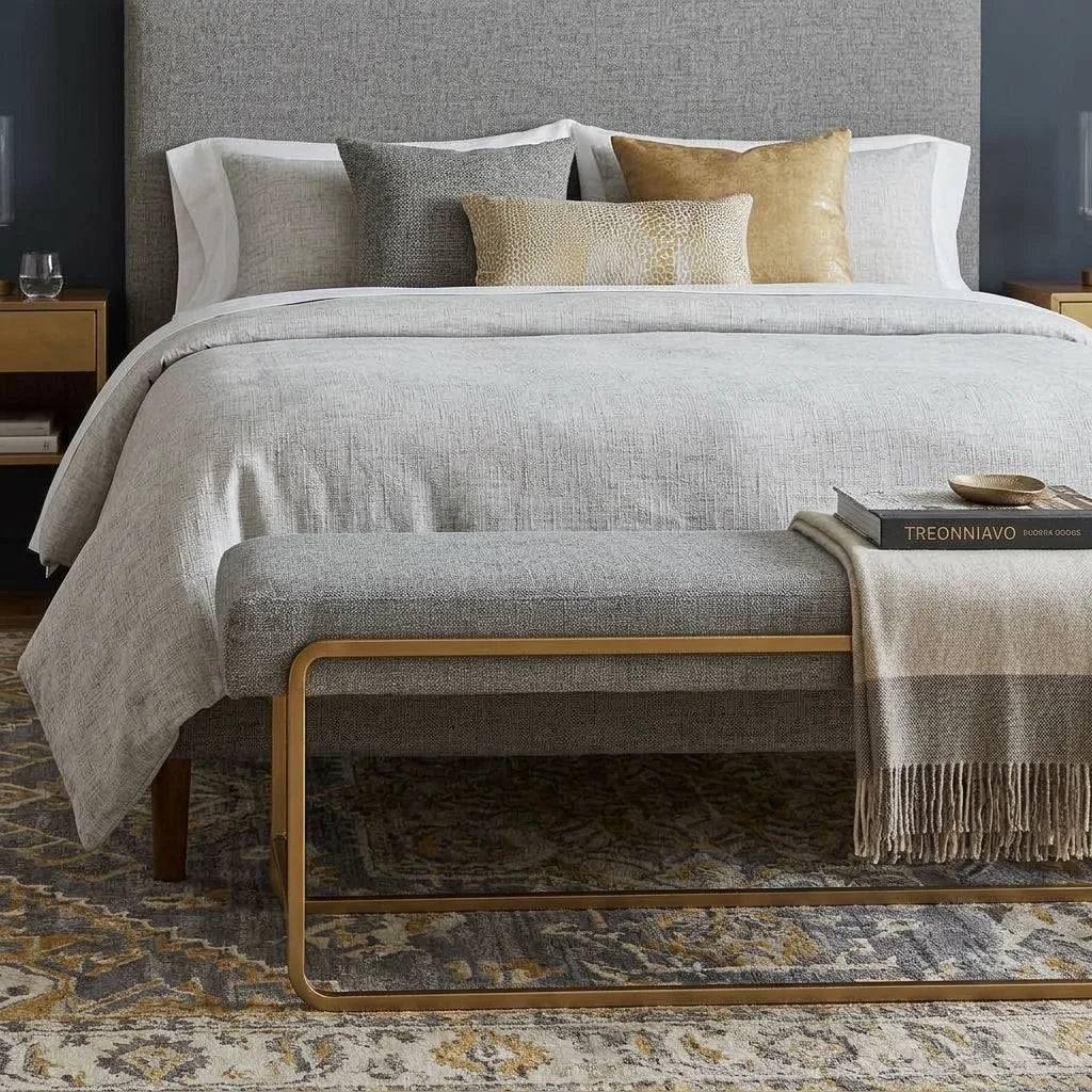 Solid brass bed end bench frame with grey upholestry in a bedroom next to the bed 
