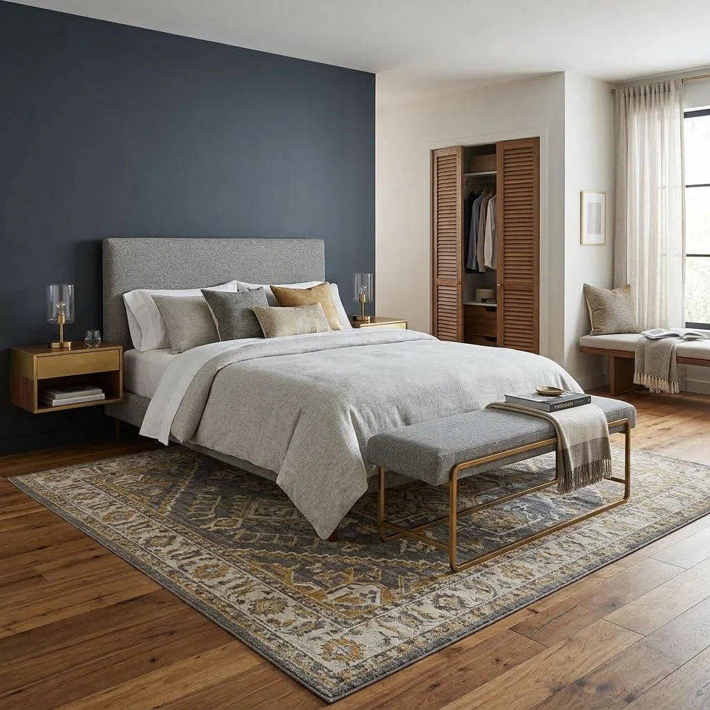 A styled bedroom interior featuring a bed dressed in light gray bedding, a matching gray upholstered bench at the foot of the bed with gold-toned metal legs, a large patterned area rug, wood flooring, a dark blue accent wall, and a wooden slatted wardrobe.