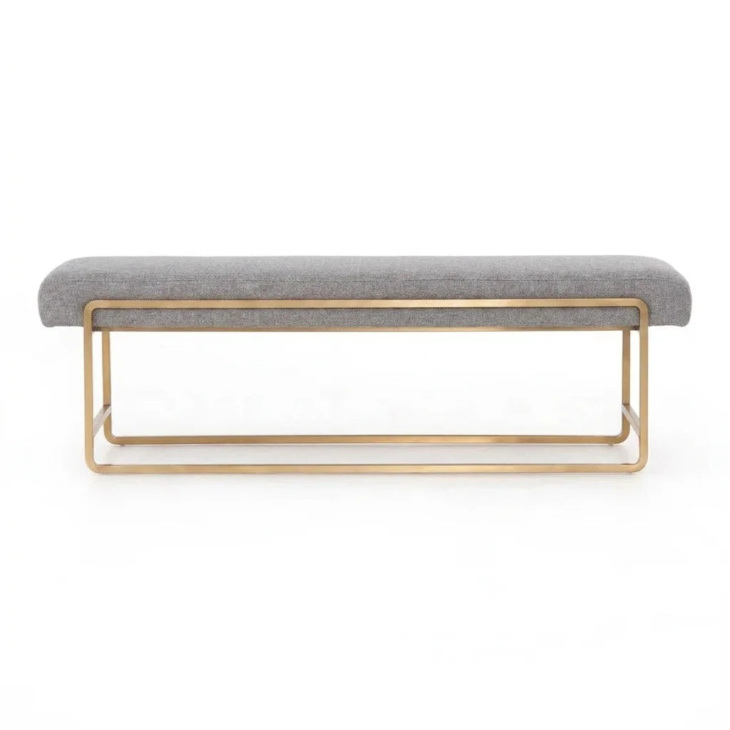 Solid brass bed end bench frame with grey upholestry