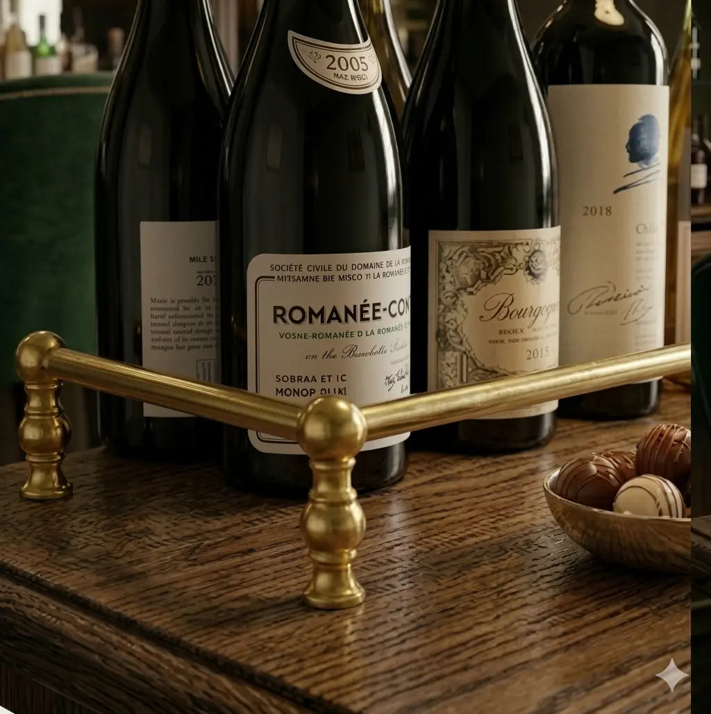 Brass shelf for bottles in a bar, featuring a polished finish and sturdy design that neatly displays and keeps bottles within easy reach behind the counter.