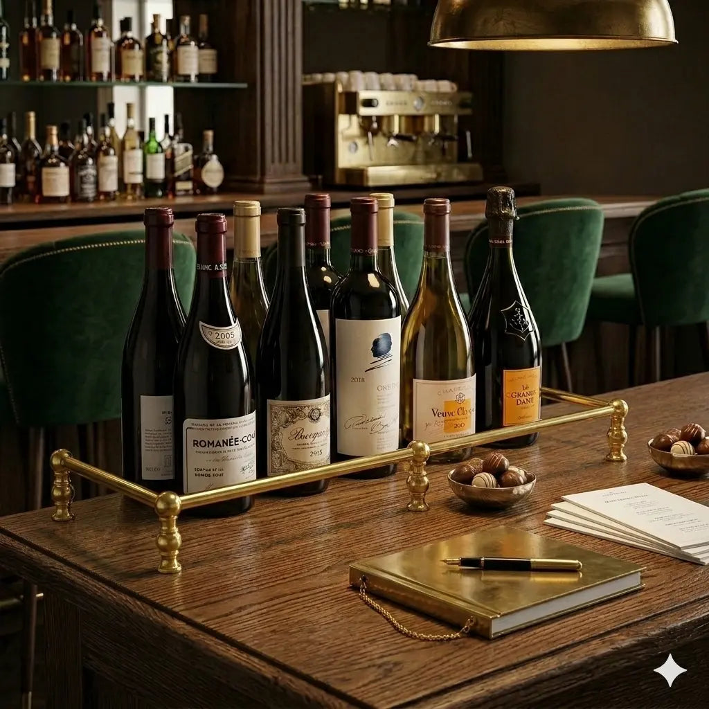 Brass shelf for bottles in a bar, featuring a polished finish and sturdy design that neatly displays and keeps bottles within easy reach behind the counter.