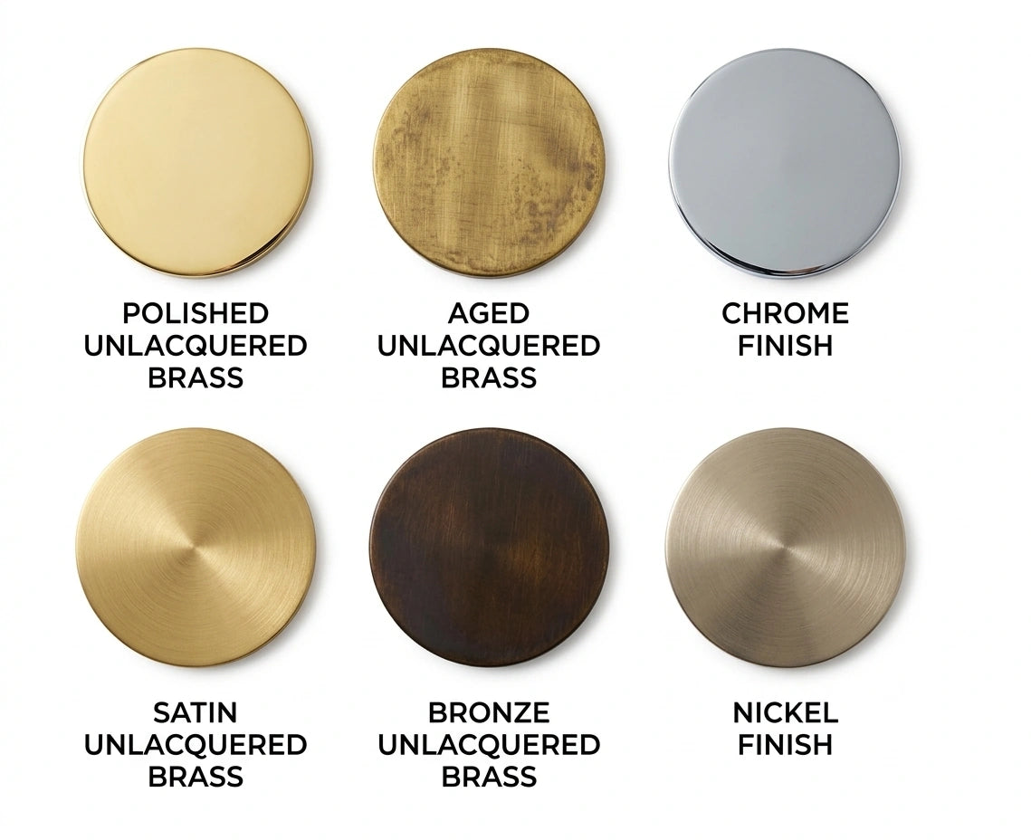 Brass product finishes displayed in a range of textures and tones, including polished, brushed, satin, and antique styles, highlighting variations in shine, patina, and surface detail.