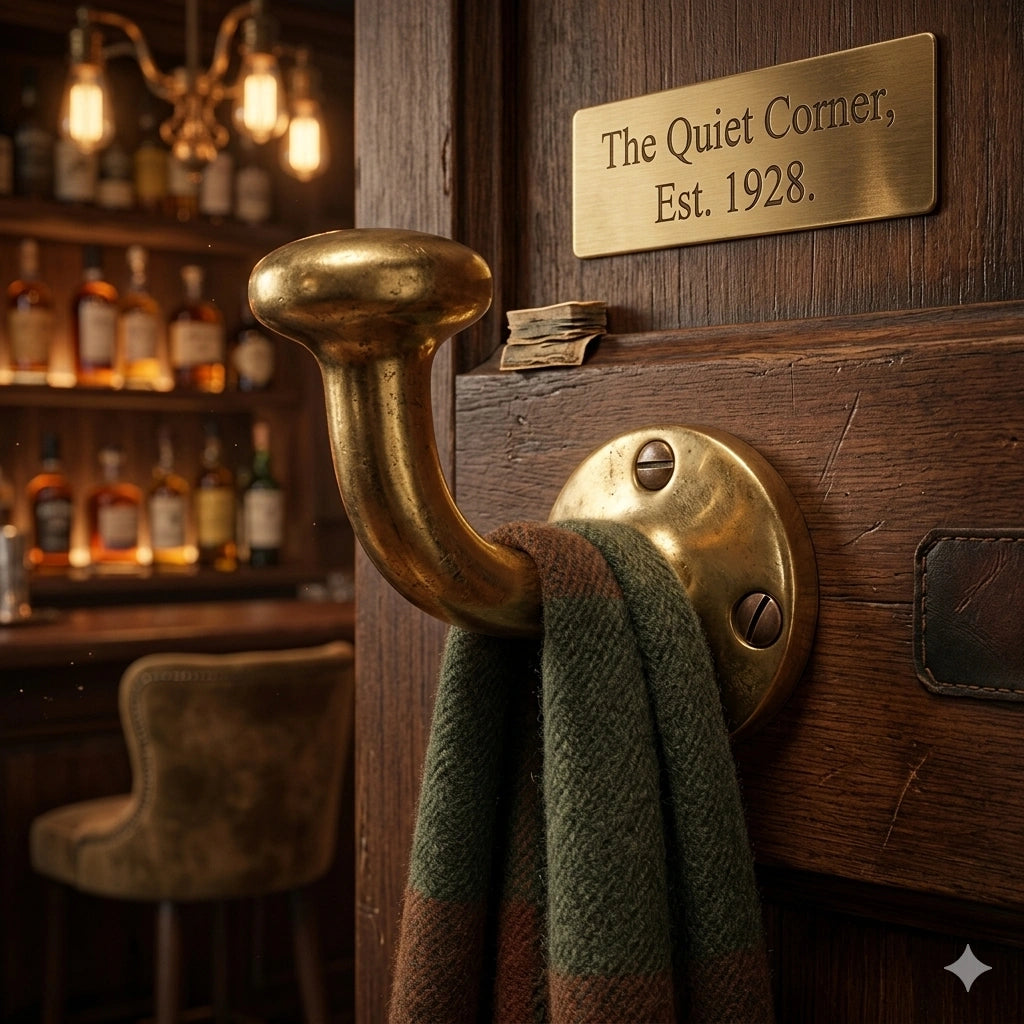 Solid brass hook for coats, towels, and purses in a bar, featuring a polished finish and sturdy construction to securely hold items while adding a stylish and durable accent to the space.
