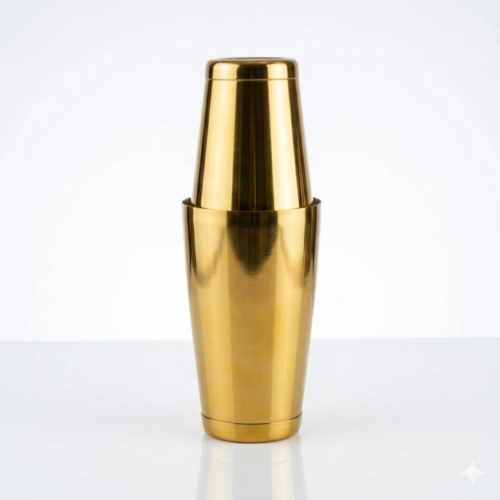 Solid brass cocktail shaker on a white background, featuring a polished finish that highlights its sleek design and elegant craftsmanship.