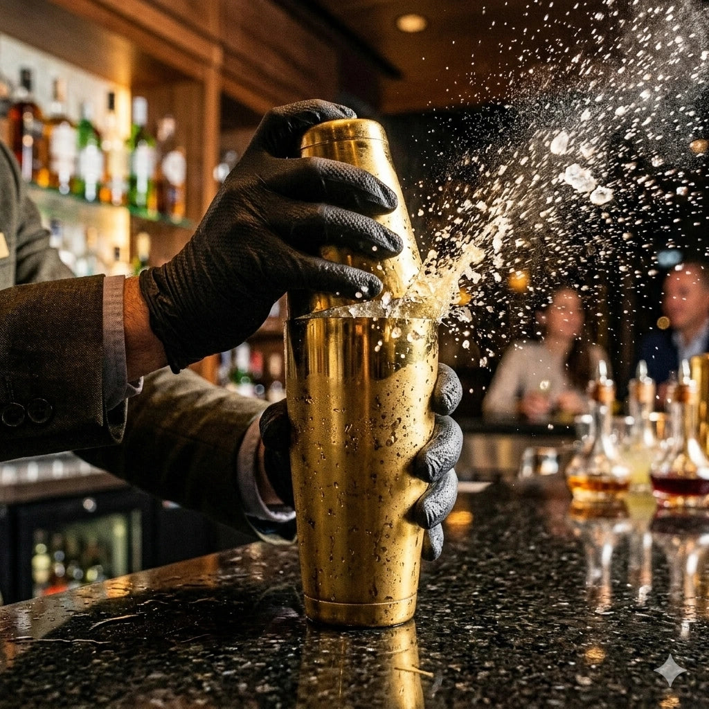 Hand  shaking cocktail in brass gold finish shaker with clients in background