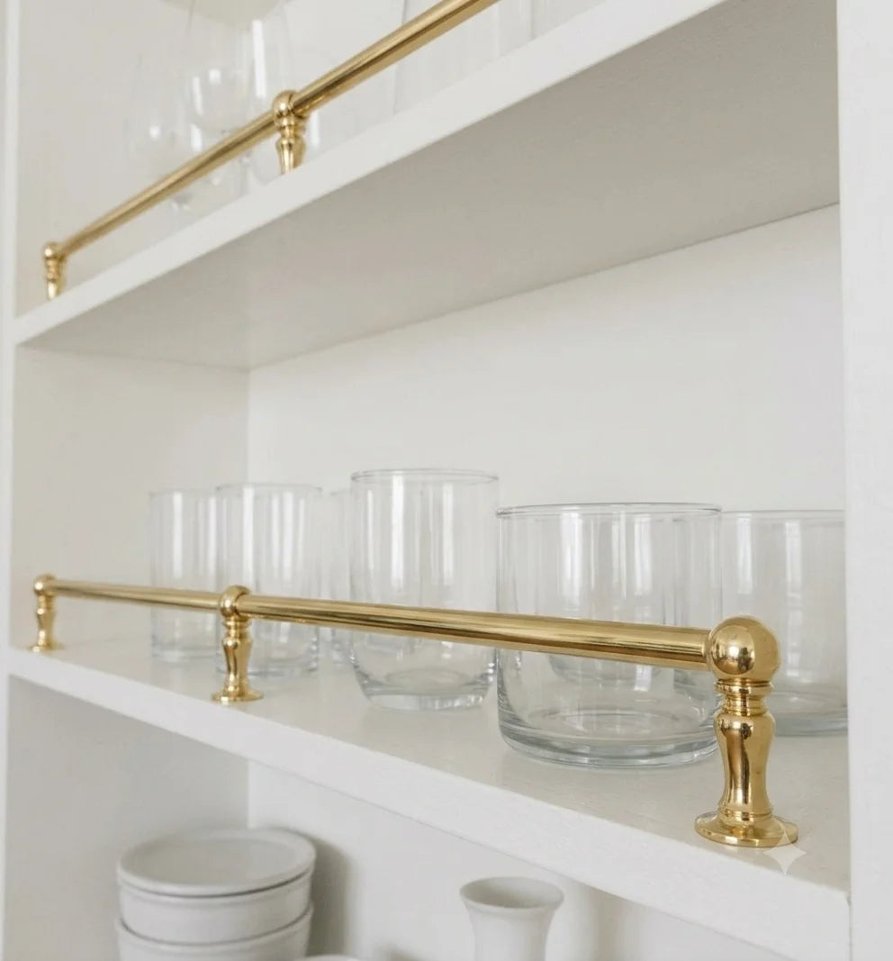 Unlacquered Brass Gallery Rail Shelf Guard, Countertop Bottle Holder