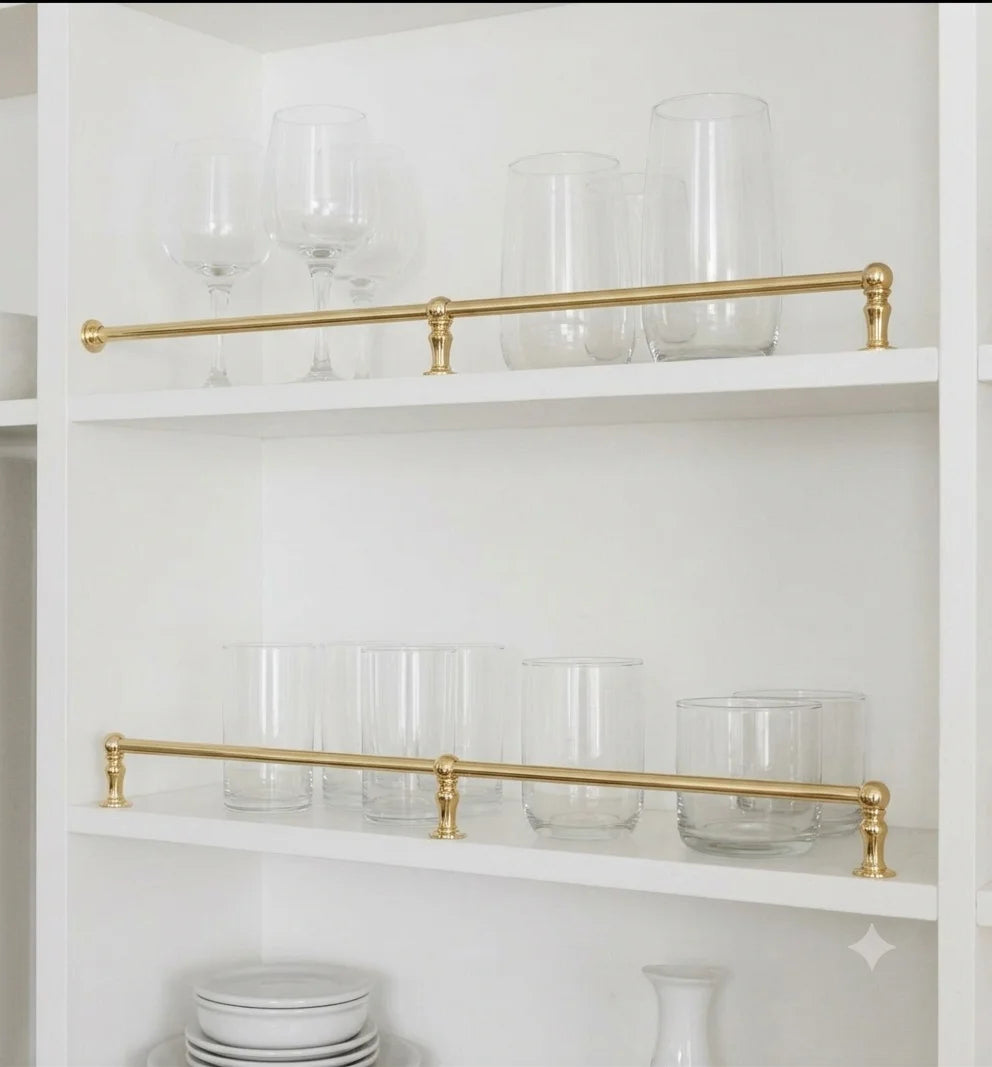 Unlacquered Brass Gallery Rail Shelf Guard, Countertop Bottle Holder