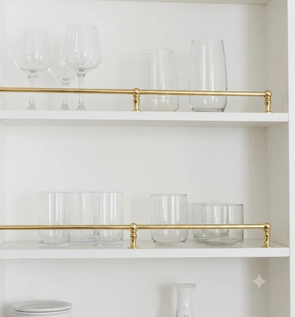 Unlacquered Brass Gallery Rail Shelf Guard, Countertop Bottle Holder