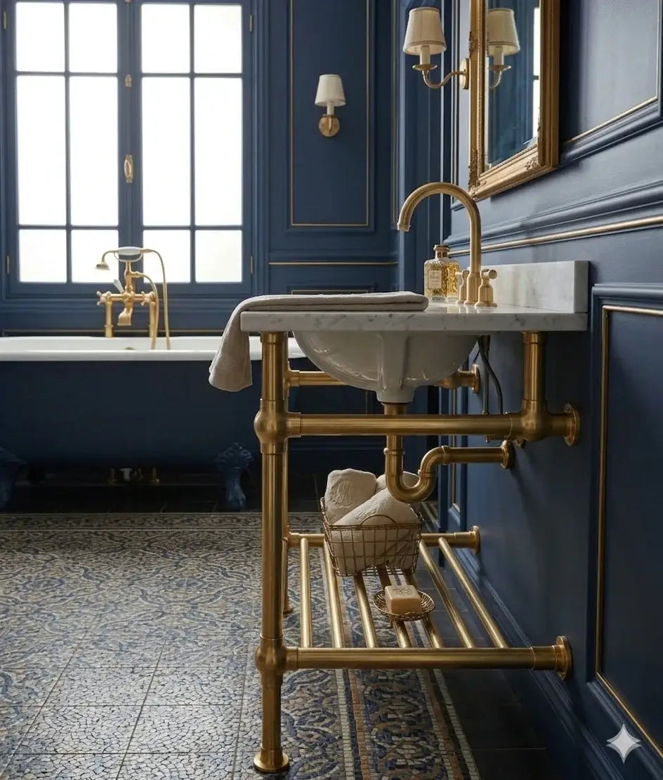 Brass Sink Console in a modern bathroom with blue walls 