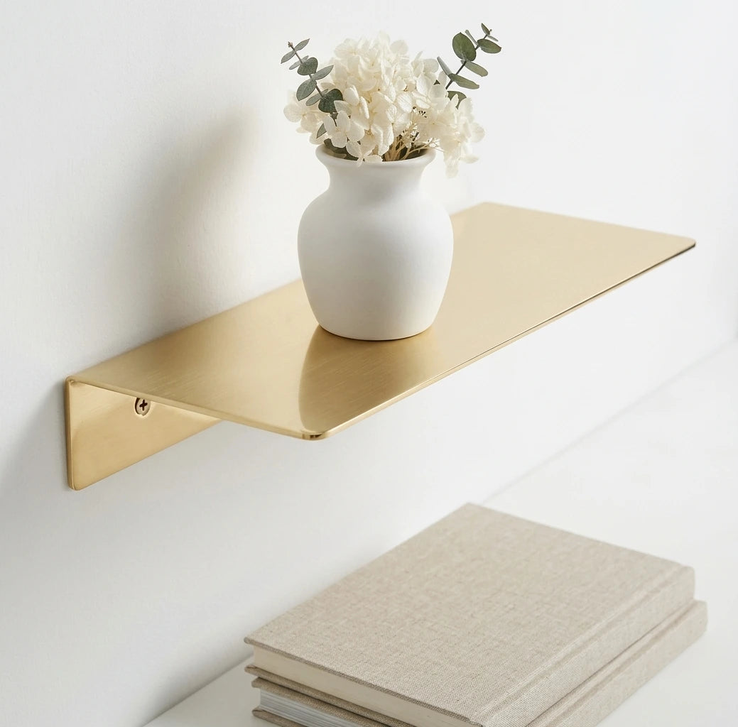 Unlacquered Brass Floating Shelf, Golden Solid Metal Shelves