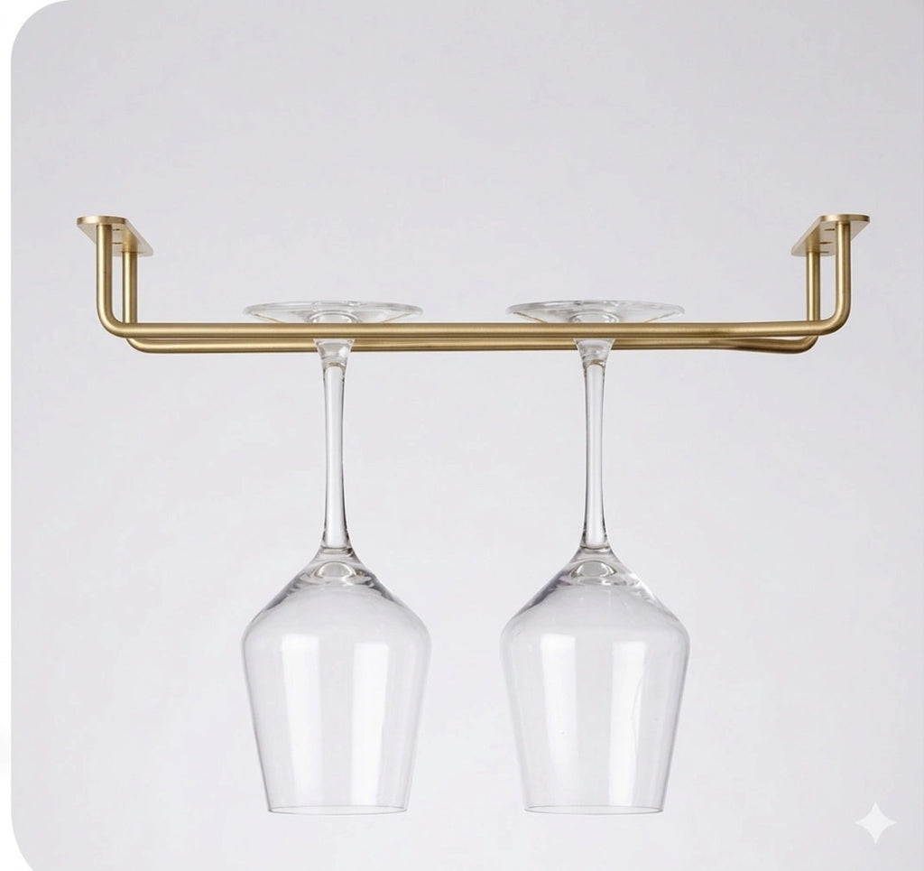 Ceiling-hanging brass stem glass rack, designed to securely hold hanging glassware above a bar, featuring a polished finish that combines functionality with an elegant, space-saving design.