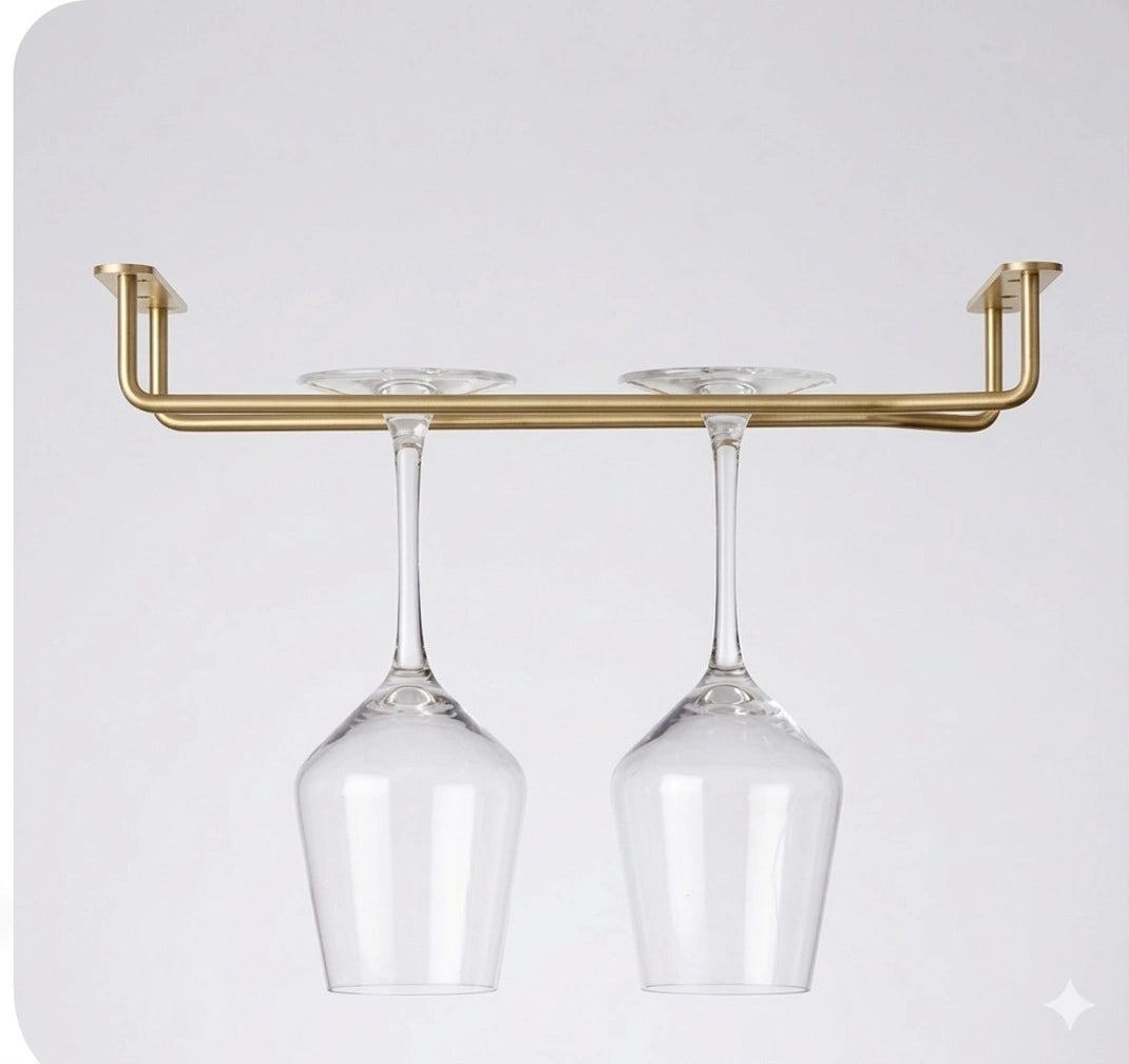 Ceiling-hanging brass stem glass rack, designed to securely hold hanging glassware above a bar, featuring a polished finish that combines functionality with an elegant, space-saving design.