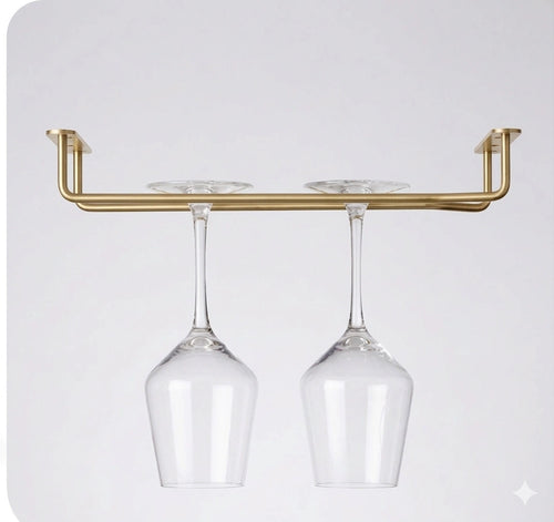 Ceiling-hanging brass stem glass rack, designed to securely hold hanging glassware above a bar, featuring a polished finish that combines functionality with an elegant, space-saving design.