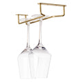 Ceiling-hanging brass stem glass rack, designed to securely hold hanging glassware above a bar, featuring a polished finish that combines functionality with an elegant, space-saving design.