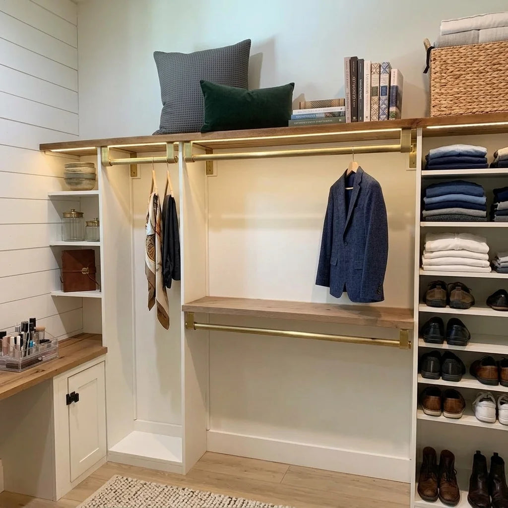 A built-in walk-in closet with white shiplap walls, open shelving, wood shelves, brass hanging rods, and a blue blazer hanging in the center. Folded clothing, shoes, books, pillows, and a basket are arranged inside the closet.