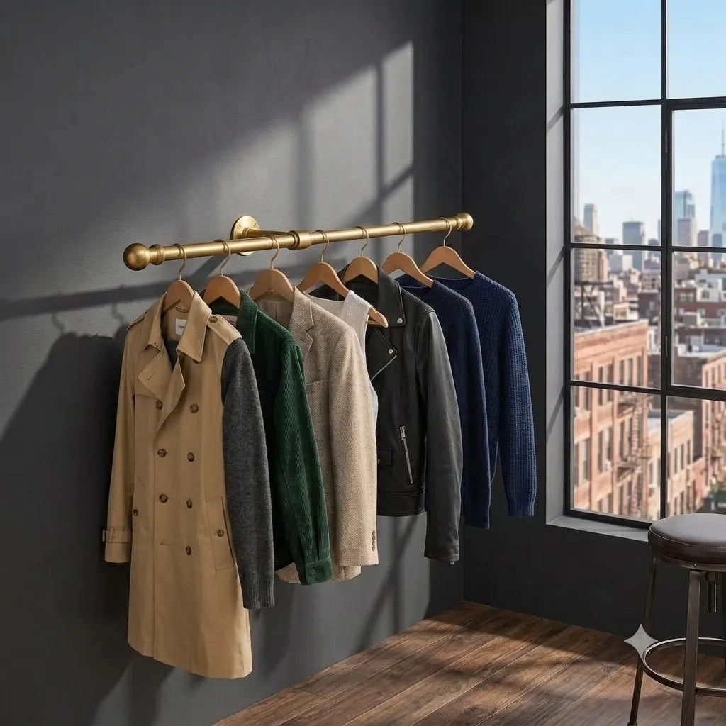 Wall Mounted Clothing Rod, Solid Garment Rack, Minimalist Closet Rod, Unlacquered Brass Hanging Rail