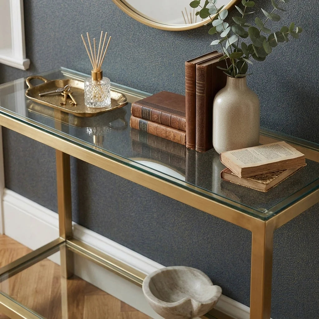 Entryway Solid Console Brass Table with glass Shelves