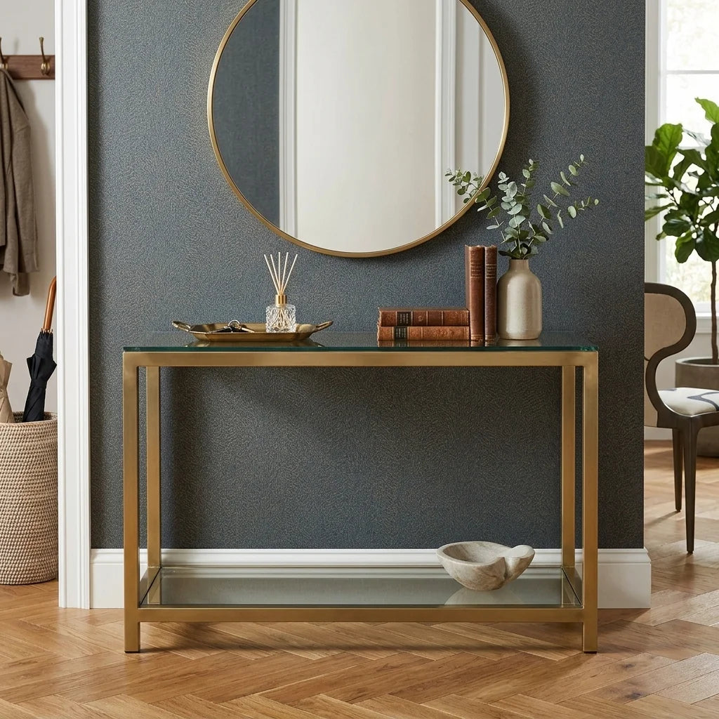 Entryway Solid Console Brass Table with glass Shelves