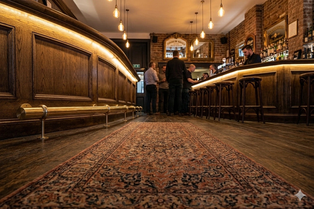 Brass foot rail in a cozy bar with patrons seated at the counter, providing comfort and a stylish, classic touch to the warm and inviting atmosphere.